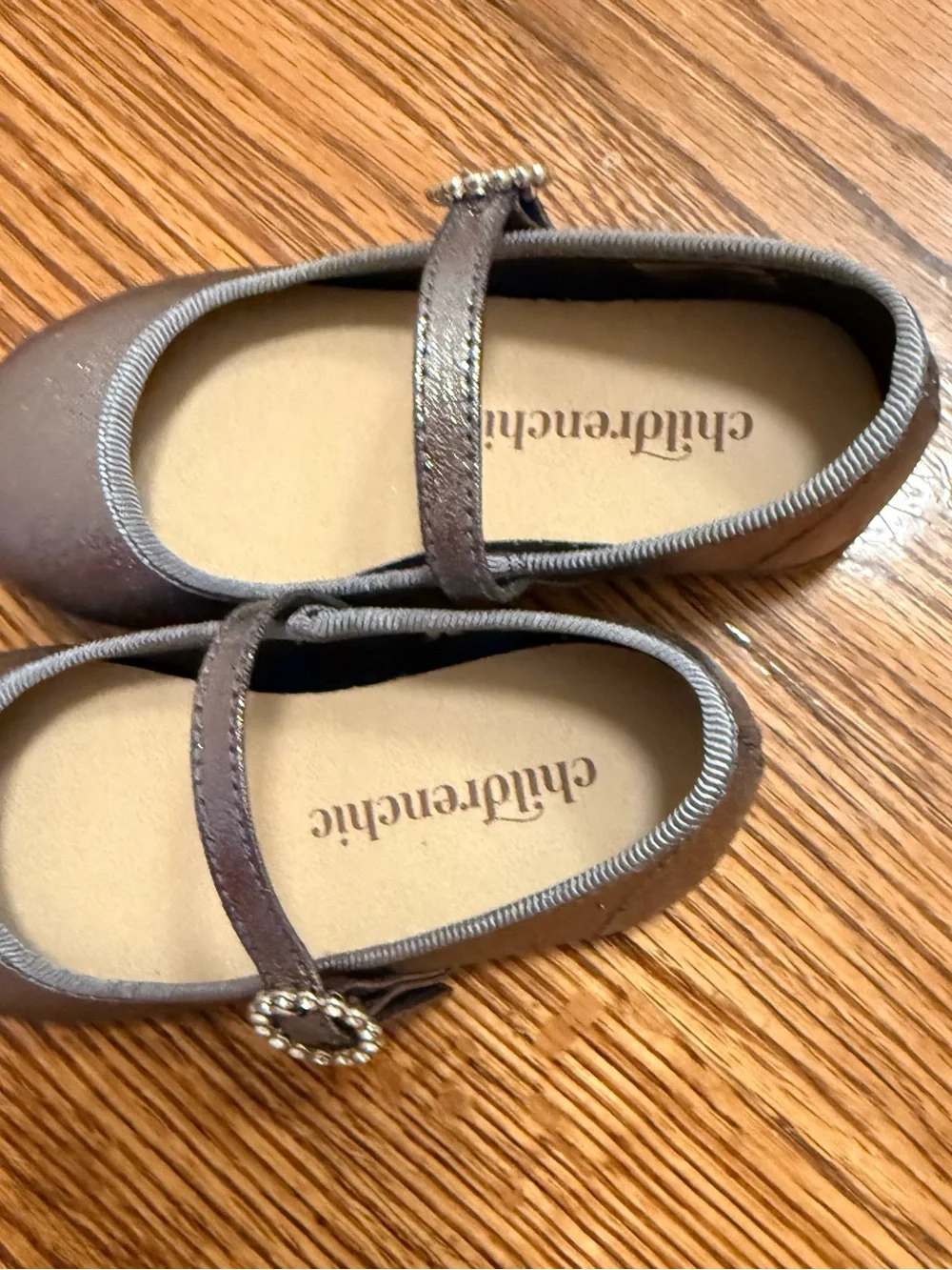 Childrenchic Girls Shimmery Pewter Mary Jane Dress Shoes with Rhinestone Buckle